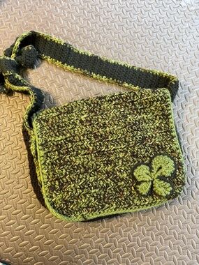 Handmade Green/Black Crocheted Crossbody Messenger Bag with Clover Accent